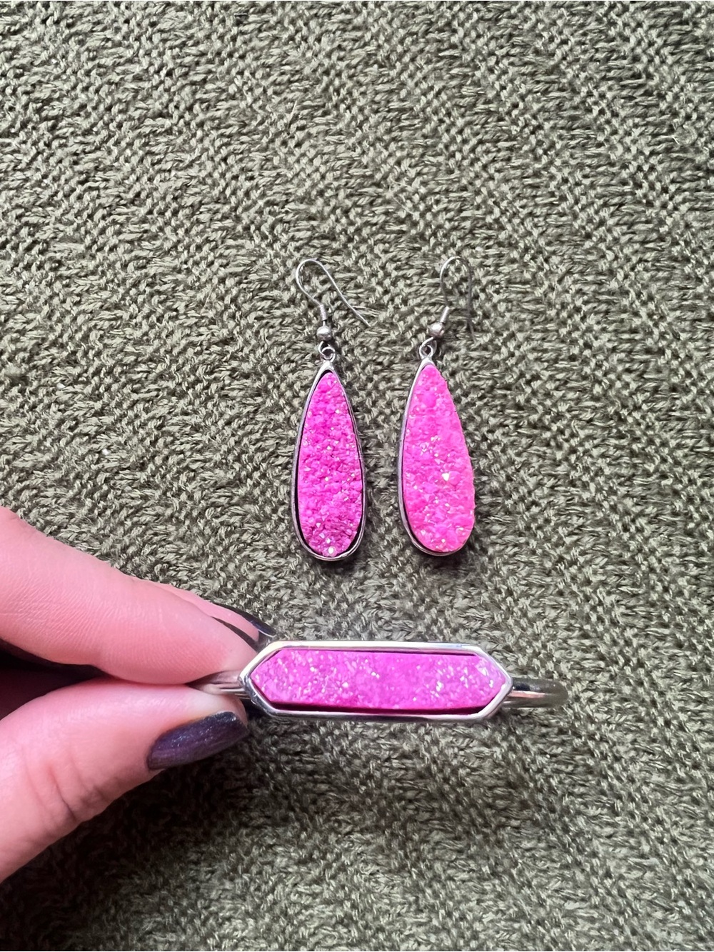Kinsley Armelle Hot Pink Druzy Teardrop Earrings and cuff bracelet.